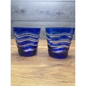 VTG Cobalt Blue Cut to Clear Wavy Line Double Old Fashioned Glasses 14 Oz~ 2 Pc